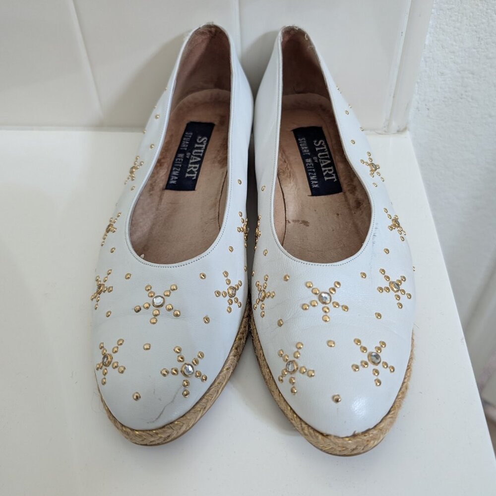 Stuart Weitzman Vintage White & Gold Star Wedges (Size 8)